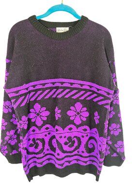 Retro Floral Chunky Knit Sweater Purple M Mod Vintage Boho Indie 80s Cottage 90s